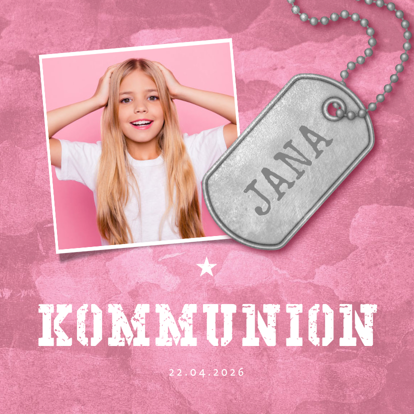 Einladungskarte zur Kommunion rosa Militarylook mit Fotos - Kommunionskarten Kommunionskarten - Einladungskarte zur Kommunion rosa Militarylook mit Fotos