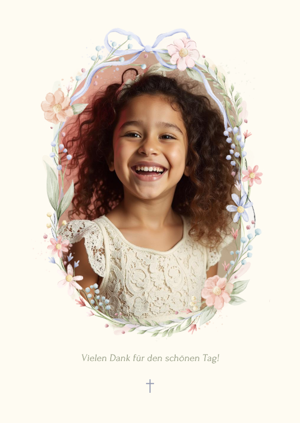 Kommunionskarten - Foto-Dankeskarte Kommunion Blumenkranz Schleife Beige
