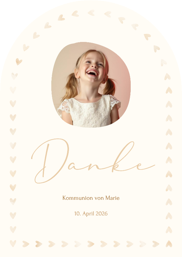 Kommunionskarten - Foto-Dankeskarte Kommunion Bogenform Herzchenrand Beige