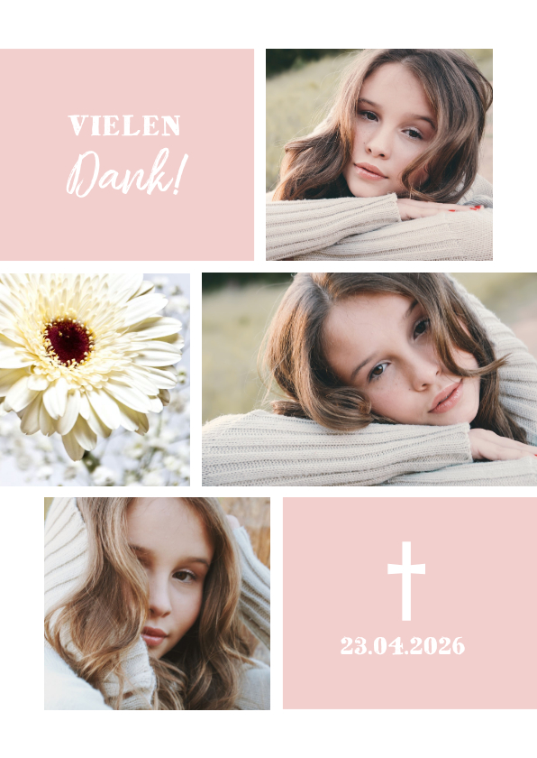 Foto-Danksagung zur Kommunion rosa Fotocollage - Kommunionskarten Kommunionskarten - Foto-Danksagung zur Kommunion rosa Fotocollage