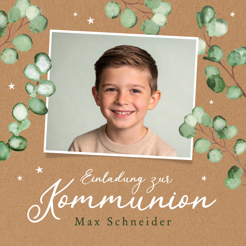 Kommunionskarten - Foto-Einladungskarte Kommunion Kraftpapier Eukalyptus