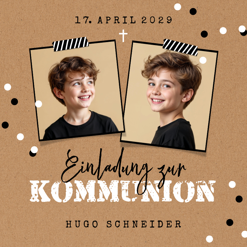 Kommunionskarten - Foto-Einladungskarte Konfetti Kommunion Kraftpapier 