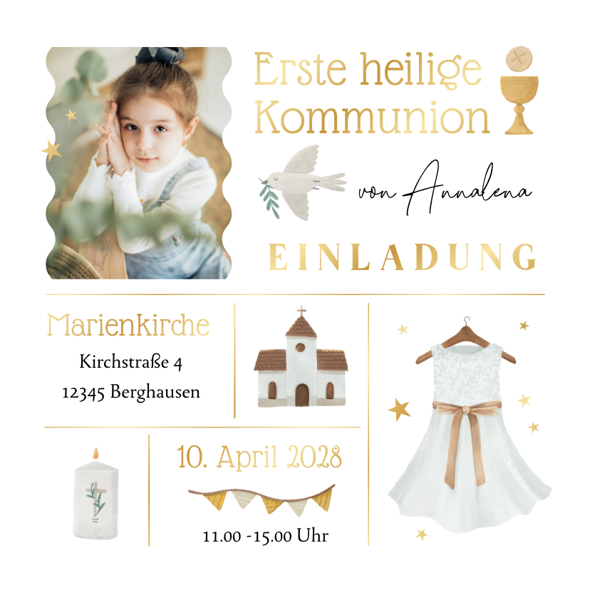 Kommunionseinladung Kommunionskleid & Foto - Kommunionskarten Kommunionskarten - Kommunionseinladung Kommunionskleid & Foto