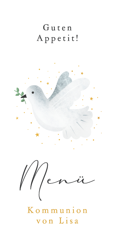 Kommunionskarten - Menü Bogenkarte Kommunion weiße Taube Sternchen