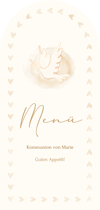 Menükarte Herzchenrand Bogenkarte Kommunion Taube - Kommunionskarten Kommunionskarten - Menükarte Herzchenrand Bogenkarte Kommunion Taube