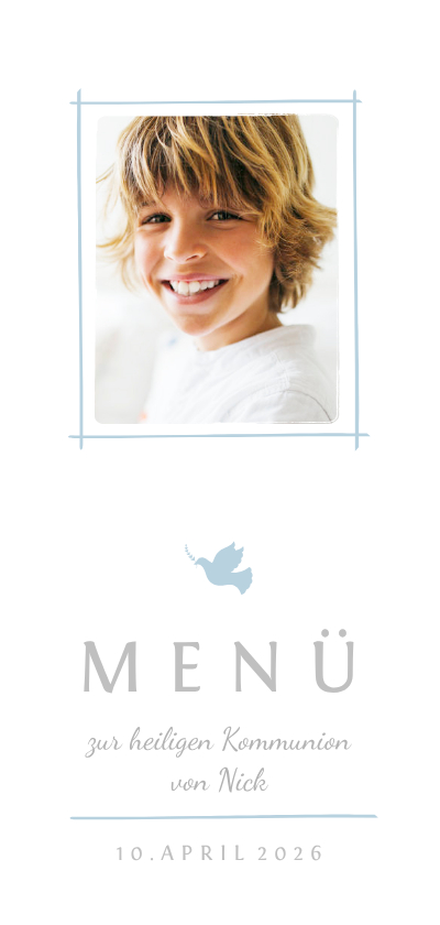 Kommunionskarten - Menükarte Kommunion blau schlichte Eleganz mit Foto