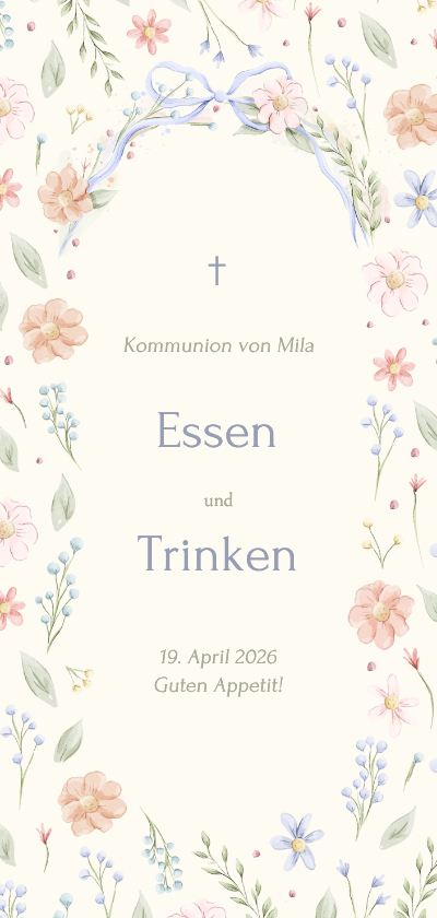 Kommunionskarten - Menükarte Kommunion Blumenkranz Schleife Beige Aquarell
