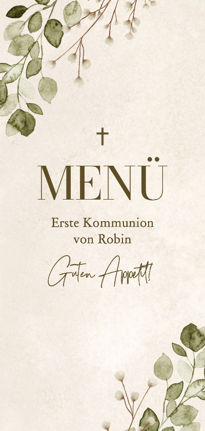 Menükarte Kommunion Sand Aquarell Eukalyptuszweige - Kommunionskarten Kommunionskarten - Menükarte Kommunion Sand Aquarell Eukalyptuszweige