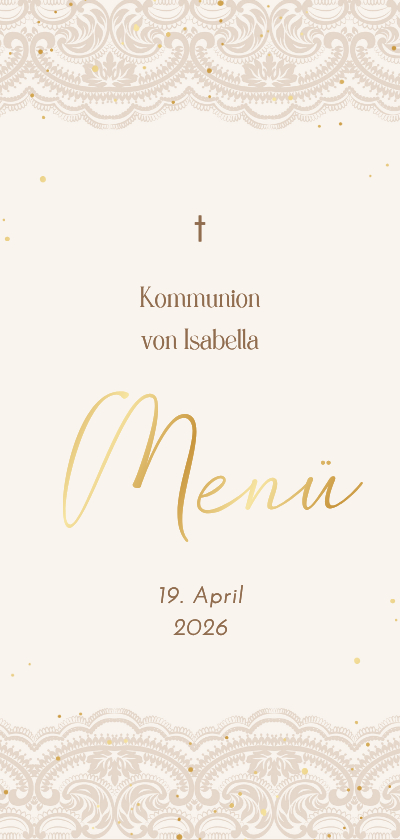 Kommunionskarten - Menükarte Kommunion Spitzenrand Beige