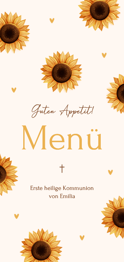 Kommunionskarten - Menükarte Sonnenblumen Kommunion Beige