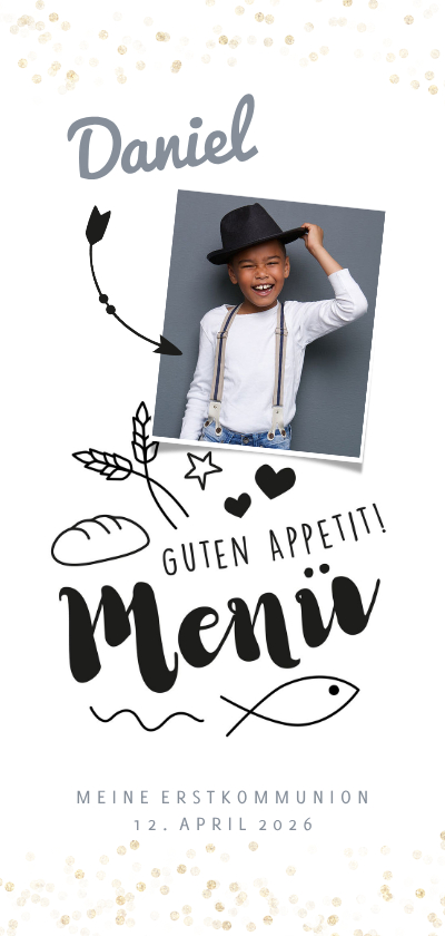 Menükarte zur Kommunion Foto und Doodles - Kommunionskarten Kommunionskarten - Menükarte zur Kommunion Foto und Doodles