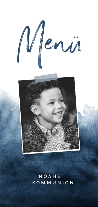 Menükarte zur Kommunion Foto & Wasserfarbe dunkelblau - Kommunionskarten Kommunionskarten - Menükarte zur Kommunion Foto & Wasserfarbe dunkelblau