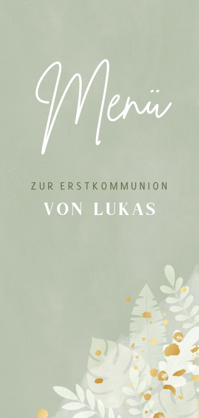 Kommunionskarten - Menükarte zur Kommunion mit Blättern & Gold