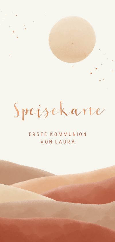 Kommunionskarten - Menükarte zur Kommunion Wellenlandschaft, Sonne & Kupfer