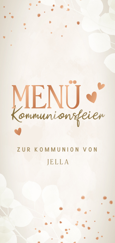 Kommunionskarten - Menükarte zur Kommunionsfeier Herzen & Eukalyptus
