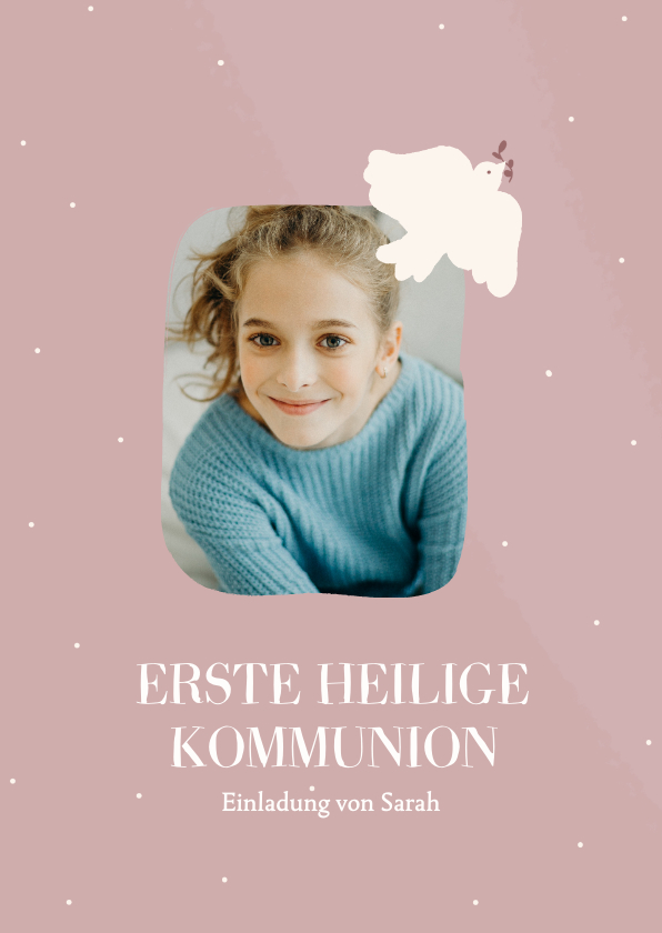 Kommunionskarten - Rosa Kommunionskarte weiße Taube mit Foto