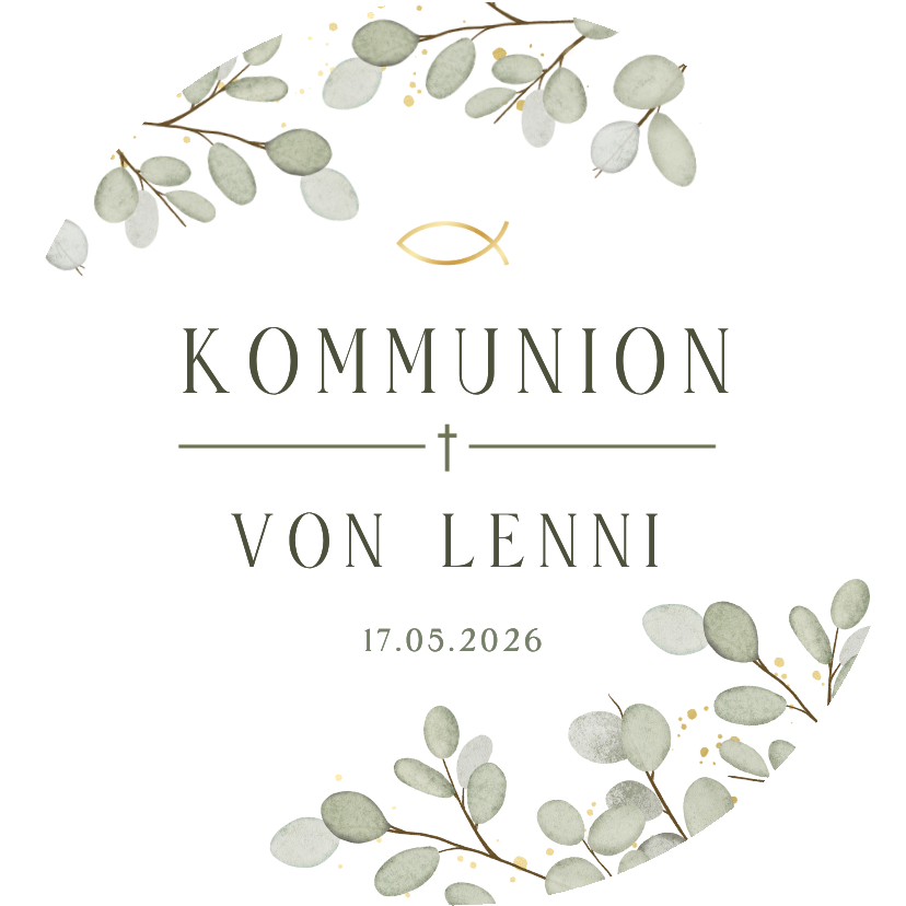 Kommunionskarten - Runde Einladungskarte Kommunion Eukalyptus Ichthys