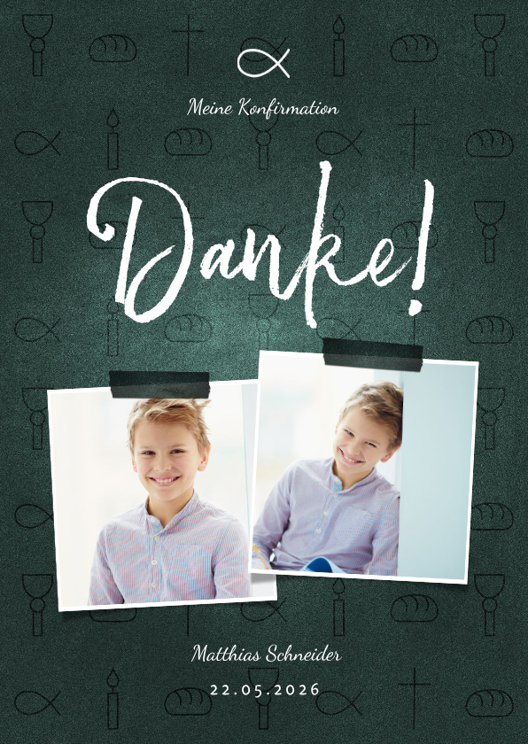 Konfirmationskarten - Dankeskarte Konfirmation dunkelgrün Fotos & kleine Symbole
