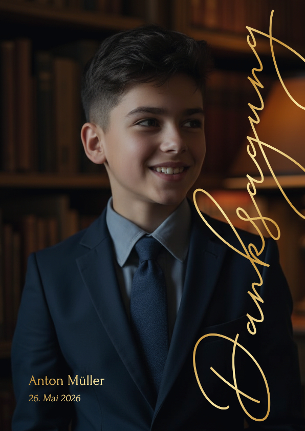Konfirmationskarten - Dankeskarte Konfirmation großes Foto goldener Schriftzug
