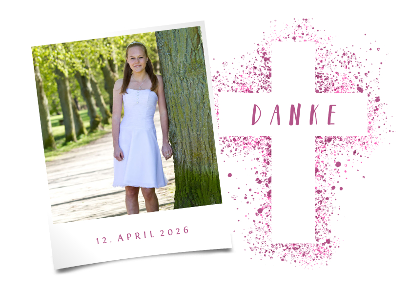 Konfirmationskarten - Danksagung Konfirmation Foto und Kreuz Farbspritzer pink