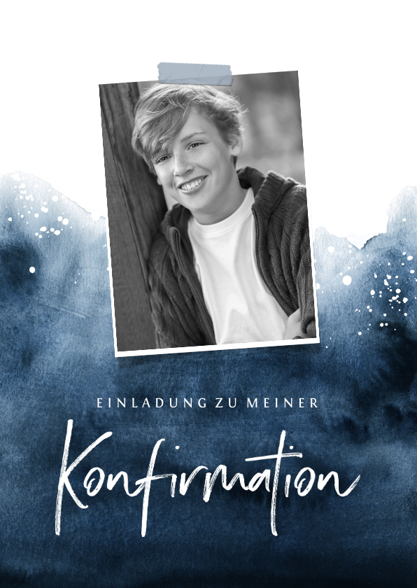 Konfirmationskarten - Einladung Konfirmation Foto Aquarell dunkelblau