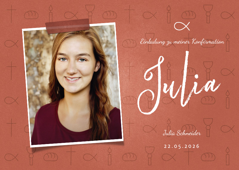 Konfirmationskarten - Einladung Konfirmation rostrot Foto & kleine Symbole