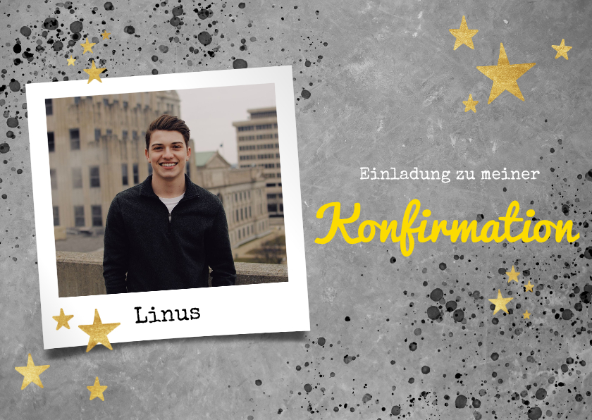 Konfirmationskarten - Einladung zur Konfirmation Betonlook, Foto und Sterne