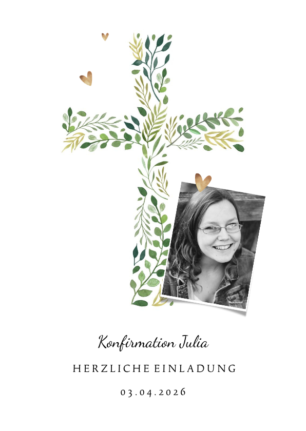 Konfirmationskarten - Einladung zur Konfirmation Foto und botanisches Kreuz