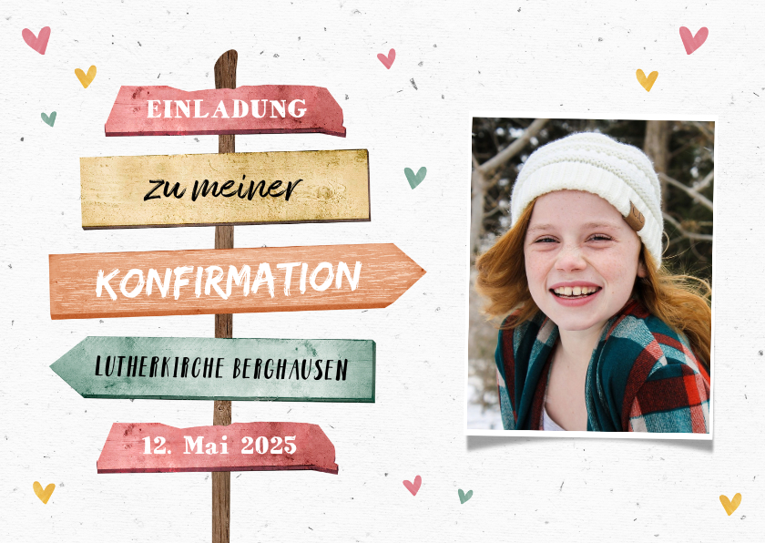 Konfirmationskarten - Einladung zur Konfirmation Foto Wegweiser und Herzen
