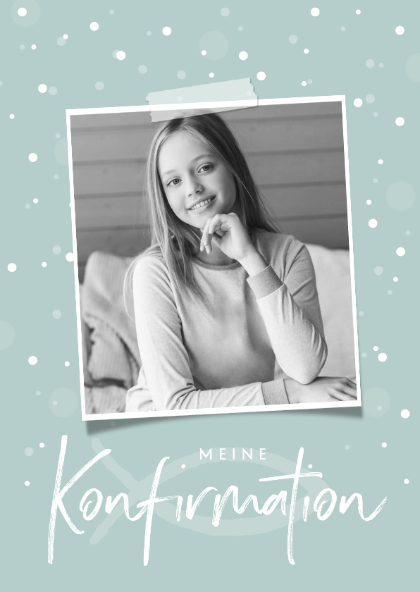 Einladungskarte Konfirmation Foto, weiße Konfetti & Fisch - Konfirmationskarten Konfirmationskarten - Einladungskarte Konfirmation Foto, weiße Konfetti & Fisch