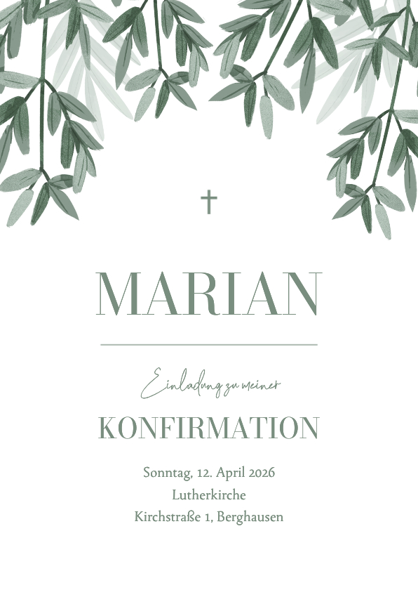 Konfirmationskarten - Einladungskarte Konfirmation stilisierte dunkelgrüne Zweige