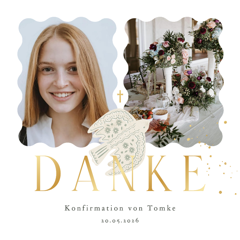 Konfirmationskarten - Foto-Dankeskarte Konfirmation drei Tauben Goldschrift