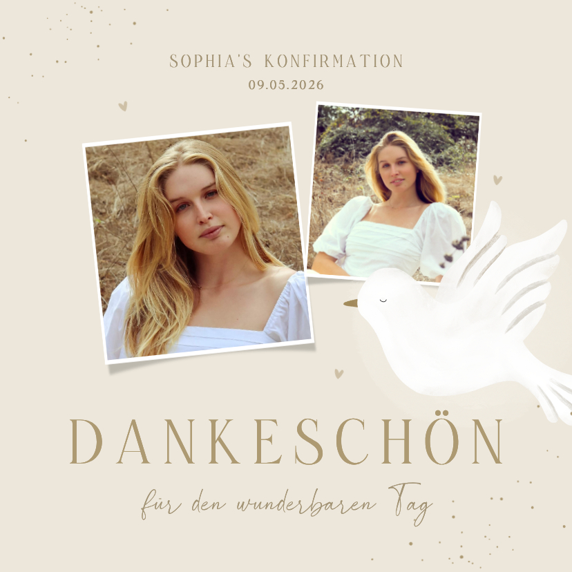 Konfirmationskarten - Foto-Dankeskarte Konfirmation weiße Taube auf Pastellbraun