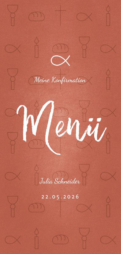 Konfirmationskarten - Menükarte Konfirmation kleine Symbole rostrot