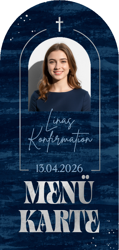 Konfirmationskarten - Menükarte Konfirmationsfeier Foto dunkelblaue Pinselstriche
