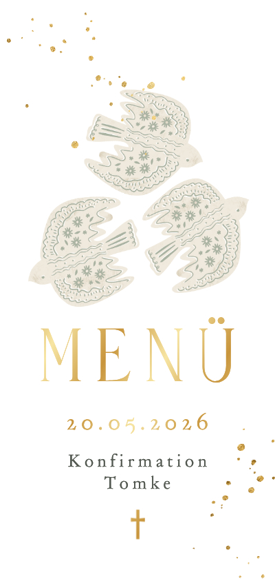 Konfirmationskarten - Speisekarte Konfirmation drei Tauben Goldschrift