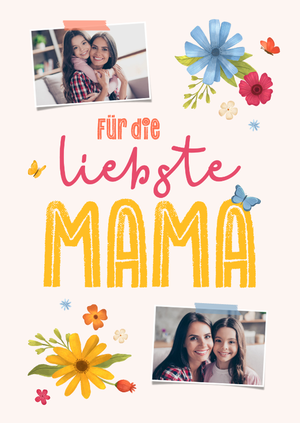 Muttertagskarten - Fotokarte zum Muttertag bunte Schrift & Blümchen