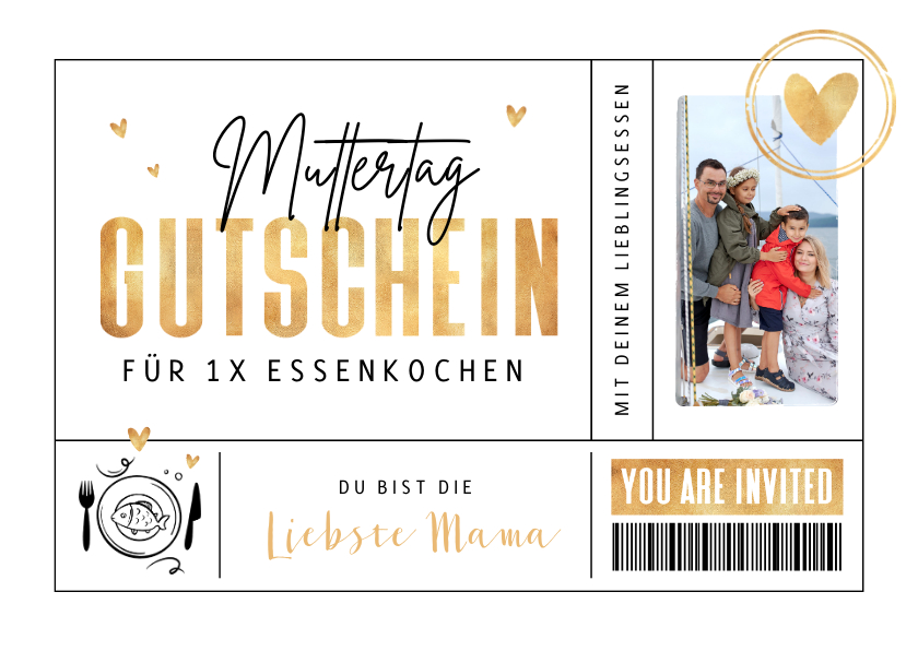 Muttertagskarten - Grußkarte Gutschein Muttertag mit Foto & Schrift in Goldlook