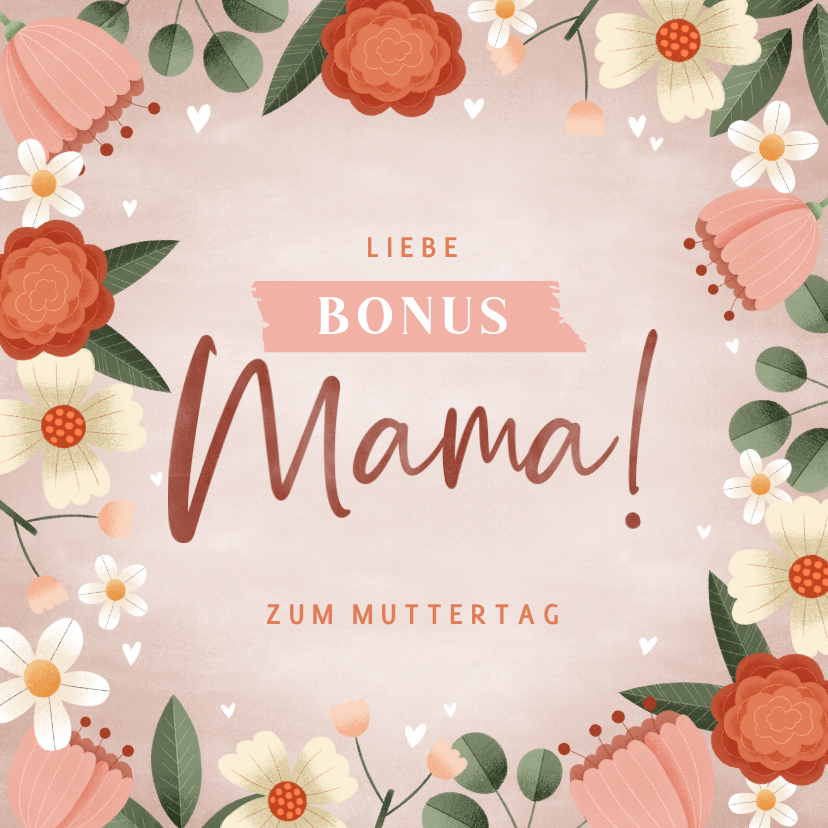 Muttertagskarten - Muttertagskarte Bonusmama mit Blumenkranz & Herzchen