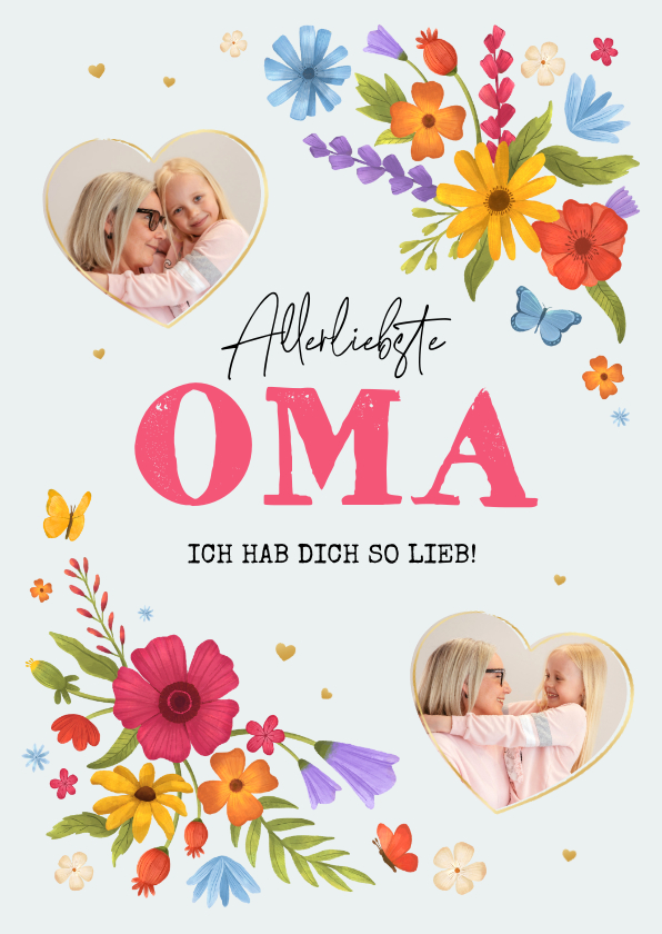 Muttertagskarten - Muttertagskarte Oma Blümchen & Fotoherzen