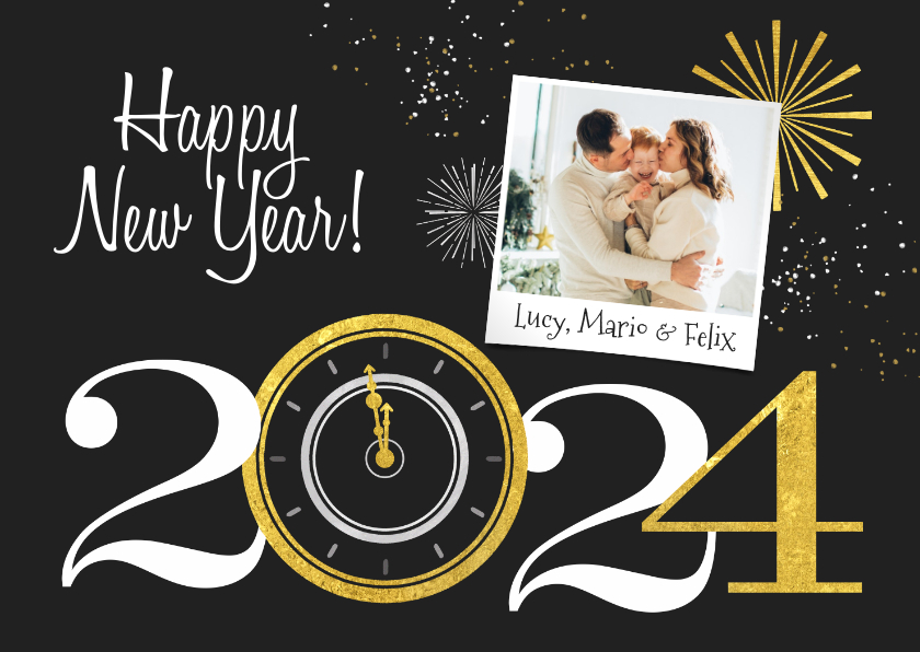 Neujahrskarten - 2024 Neujahrskarte mit Uhr und Foto
