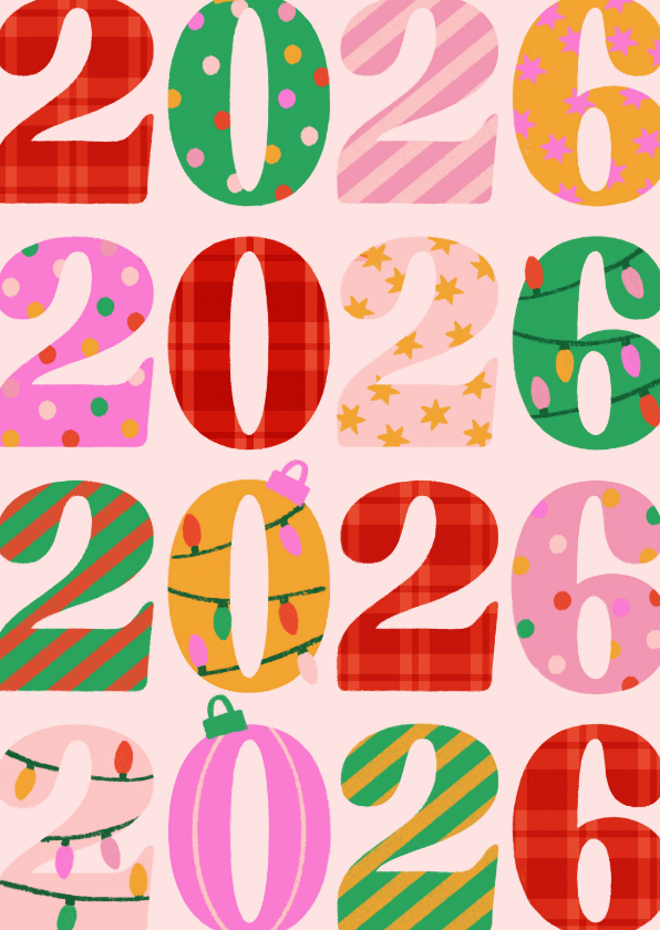 Bunte Neujahrskarte 2026 Jahreszahl verziert - Neujahrskarten Neujahrskarten - Bunte Neujahrskarte 2026 Jahreszahl verziert
