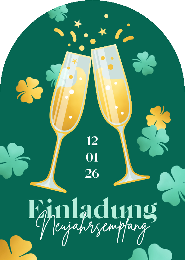 Einladung Neujahrsempfang Sektgläser und Glücksklee - Neujahrskarten Neujahrskarten - Einladung Neujahrsempfang Sektgläser und Glücksklee