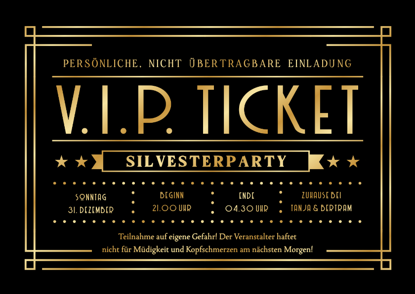 Neujahrskarten - Einladung Silvesterparty V.I.P.-Ticket schwarz-gold
