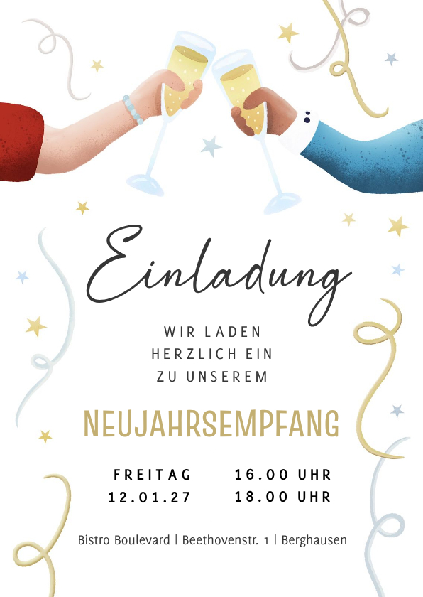 Einladung zum Neujahrsempfang Hände mit Sektglas - Neujahrskarten Neujahrskarten - Einladung zum Neujahrsempfang Hände mit Sektglas