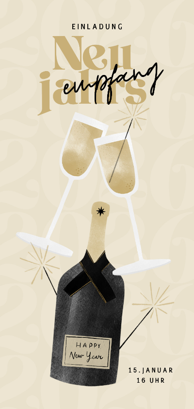 Neujahrskarten - Einladungskarte Neujahrsempfang Sektflasche & Gläser
