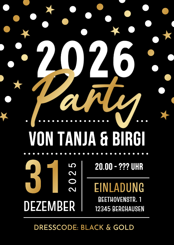 Neujahrskarten - Einladungskarte Silvesterparty Schwarz & Gold