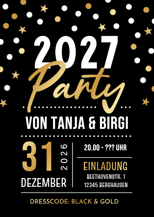Einladungskarte Silvesterparty Schwarz & Gold - Neujahrskarten Neujahrskarten - Einladungskarte Silvesterparty Schwarz & Gold