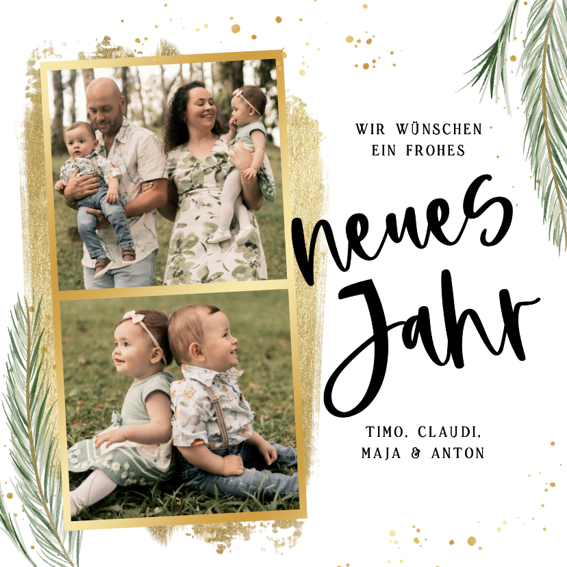 Foto-Neujahrsgrußkarte zwei Fotos & Tannenzweige - Neujahrskarten Neujahrskarten - Foto-Neujahrsgrußkarte zwei Fotos & Tannenzweige