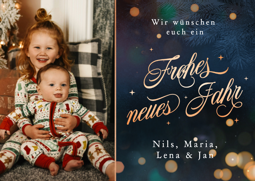 Neujahrskarten - Foto-Neujahrskarte Bokeh Schriftzug Kupferoptik